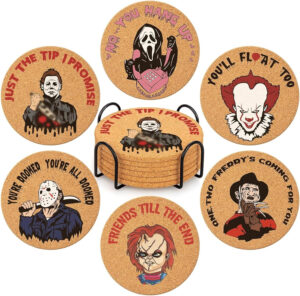 Terror Películas Mercancía Halloween Posavasos Juego de 6 Horror Movie Posavasos con Soporte Corcho Posavasos para Terror Películas Decoración Terror Películas Regalos