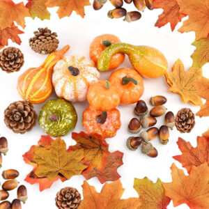 DOJoykey Juego de decoración de Acción de Gracias,128 Hojas de Arce Artificiales, Calabaza de Cosecha, bellotas pequeñas, Conos de Pino y Calabazas para otoño de Fiesta en el hogar