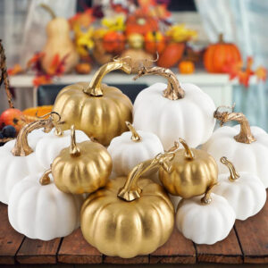 Benjia Calabazas Decorativas de Otoño para Halloween, Festival de la Cosecha y Decoracion - Calabazas Falsas de Espuma Blanco y Dorado, Grandes y Pequeñas para Exteriores 16 Piezas