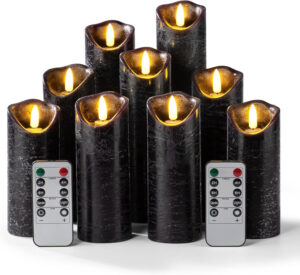 Hausware Juego de 9 velas negras con textura regular sin llama, funciona con pilas LED de cera real parpadeante con temporizador de control remoto para bodas,Halloween,decoraciones navideñas