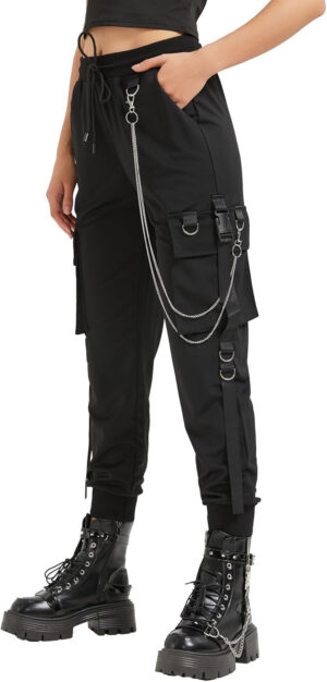 MEINVQIAOTI Pantalones Cargo Negros para Mujer, Techwear para Mujer, Sueltos, Estilo Street Rock, Estilo Casual, Pantalones Negros con Cadena, Pantalones góticos