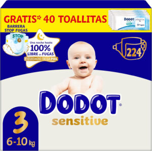 Dodot Baby Sensitive Diapers, Size 3, 6-10 kg, 224 Diapers and 1 Pack of 48 Wipes Gift, Total Aqua Care, Optimal Skin Protection by Dodot, Monthly Pack