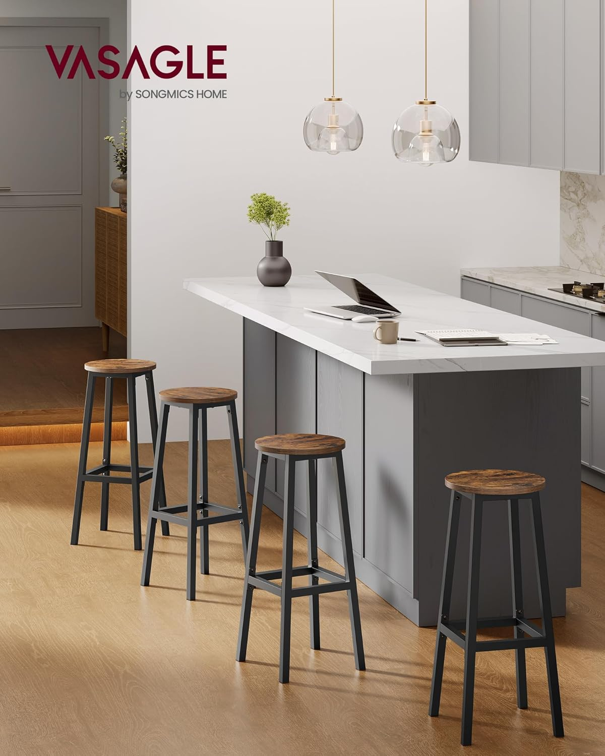 VASAGLE Bar Stools, Set of 2 Tall Chairs, Steel Frame, Space Saving, 110 kg Load Capacity, Rustic Brown and Black LBC132K01 - Image 2