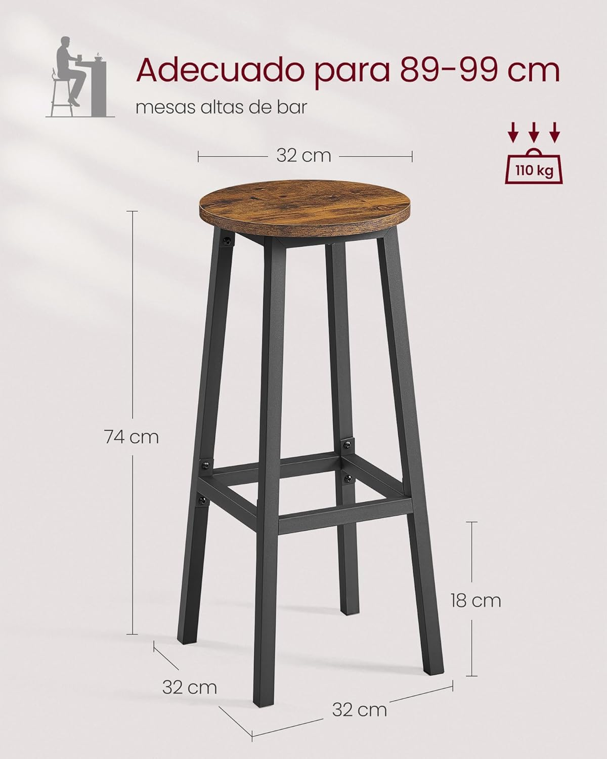 VASAGLE Bar Stools, Set of 2 Tall Chairs, Steel Frame, Space Saving, 110 kg Load Capacity, Rustic Brown and Black LBC132K01 - Image 3