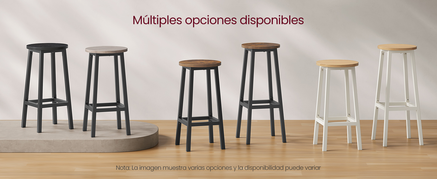 Modern bar stools shown in various styles and colors