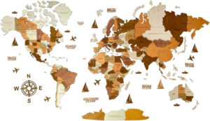 WoodLeo Mapa del mundo de madera 3D Art Decoración de Pared Grande - Talla (M, L, XL) Idea de Regalo para Cualquier Ocasión - Arte de Pared para Casa, Cocina u Oficina