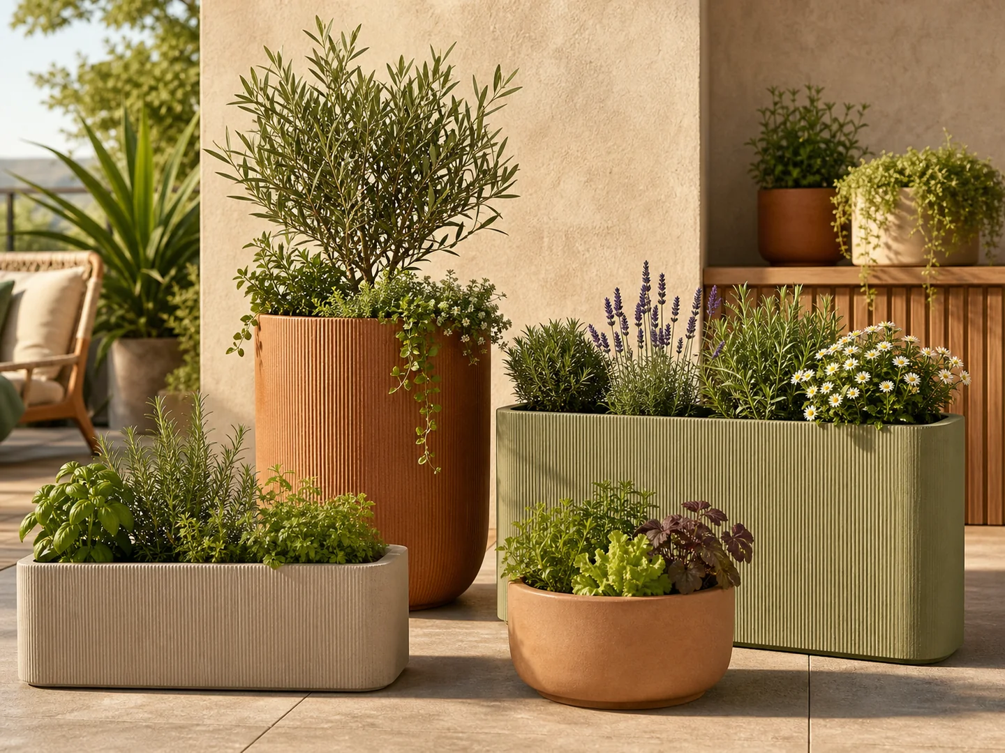Jardineras de distintos tamaños en una terraza con espacio de circulación.
