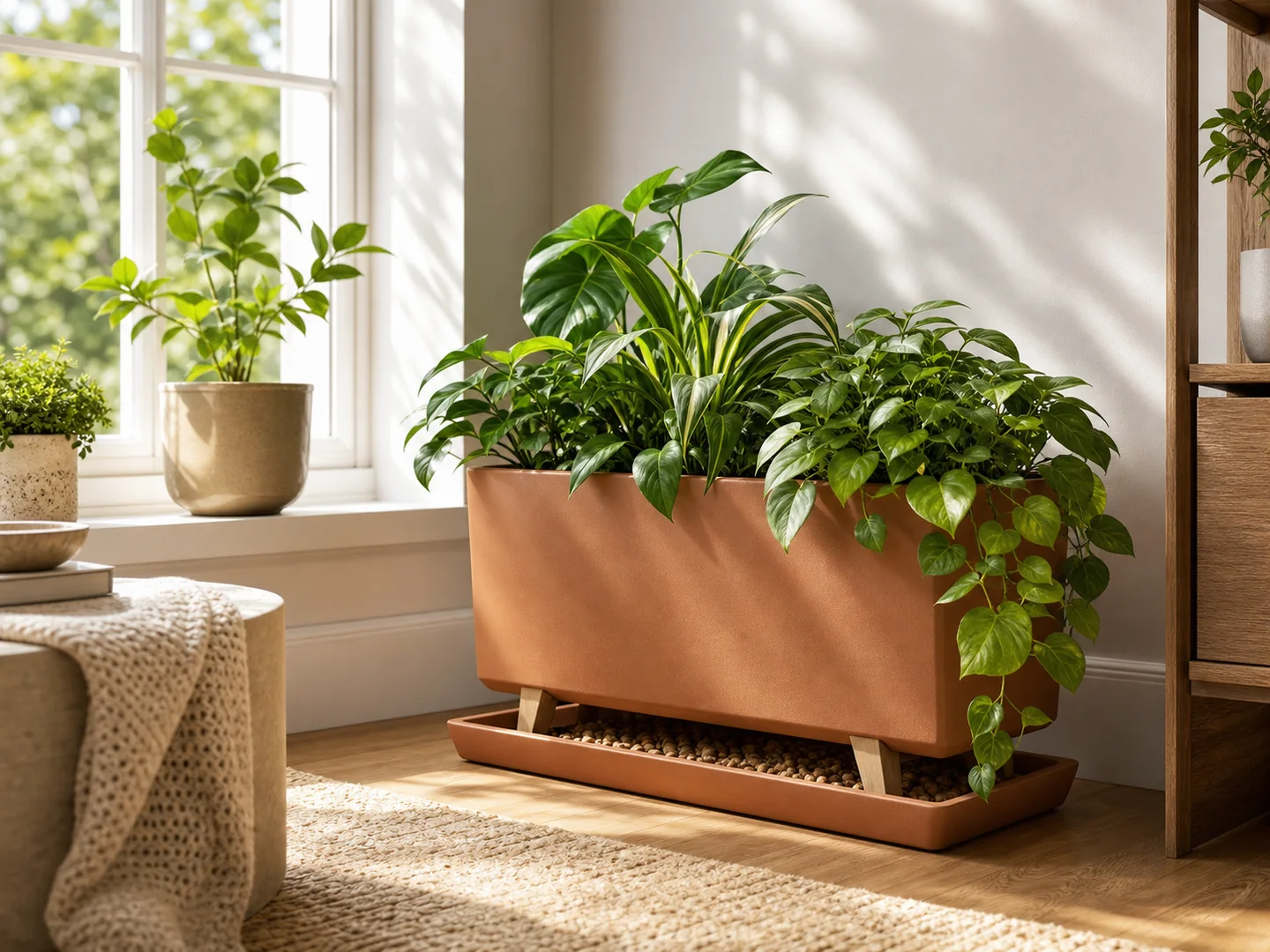 Maceta de interior y jardinera de ventana colocadas con acceso para regar y abrir.