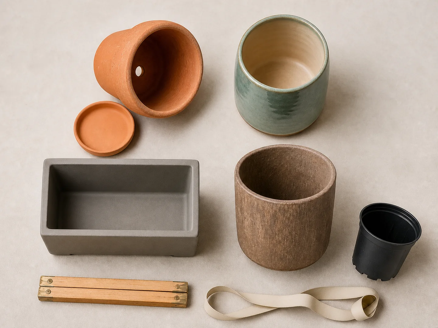 Cuatro recipientes vacíos de acabados distintos junto a un plato, una maceta interior y herramientas de medida, con un orificio de drenaje visible.